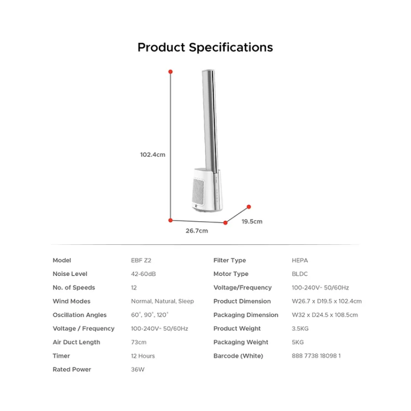 Europace EBFZ2WH Slim Bladeless Fan