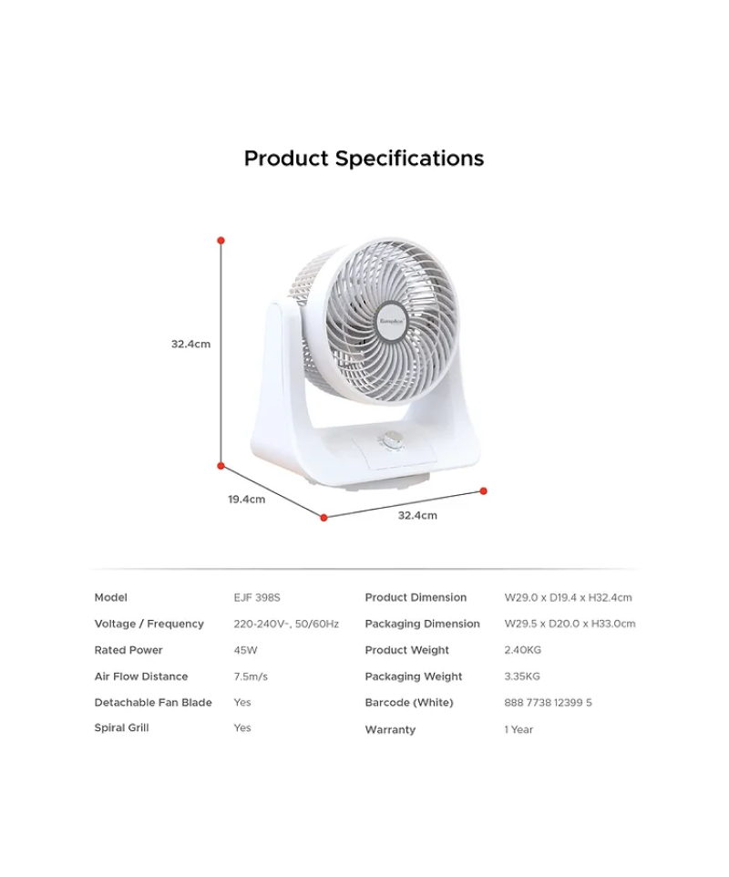 Europace EJF398S Jet Turbine Digital Fan 9 Inch