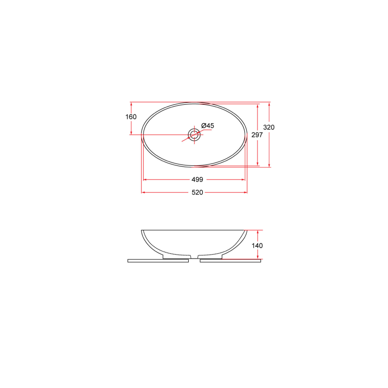 Rubine BOAT 52-BW Countertop Oval Ceramic Basin