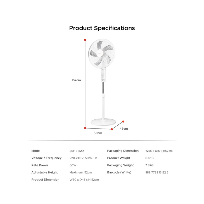 Europace ESF3182D 18" Digital Stand Fan With Remote