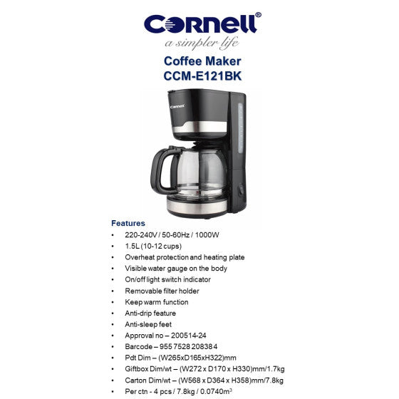 Cornell 1.5L Drip Coffee Maker 12 Cups