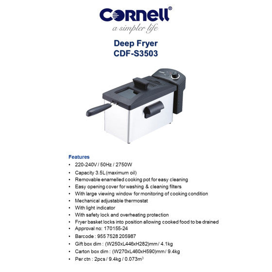 Cornell CDFS3503 3.5L Electric Deep Fryer with Basket