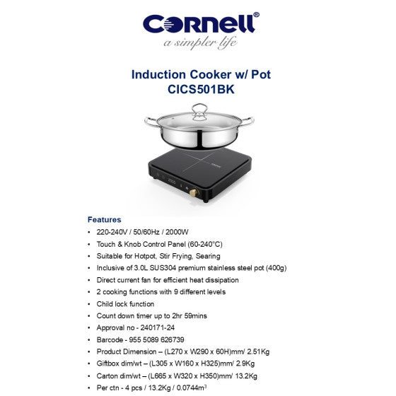 Cornell 2000W Induction Cooker with Stainless Steel Pot CICS501BK