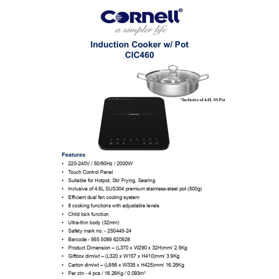Cornell 2000W Induction Cooker with Stainless Steel Pot CIC460