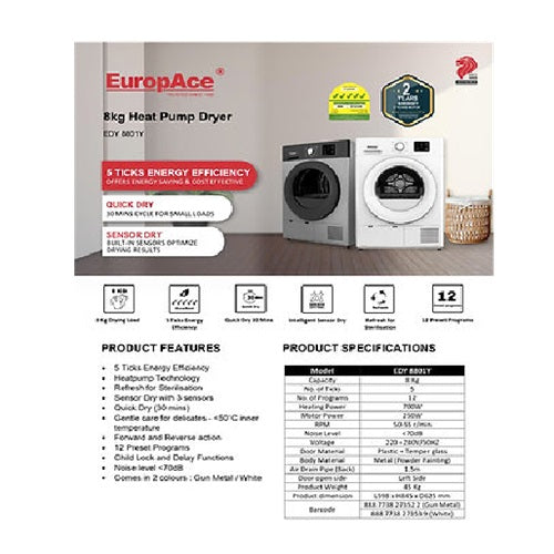 Europace EDY8801YGM / EDY8801YWH Heat Pump Dryer 8Kg EDY 8801Y