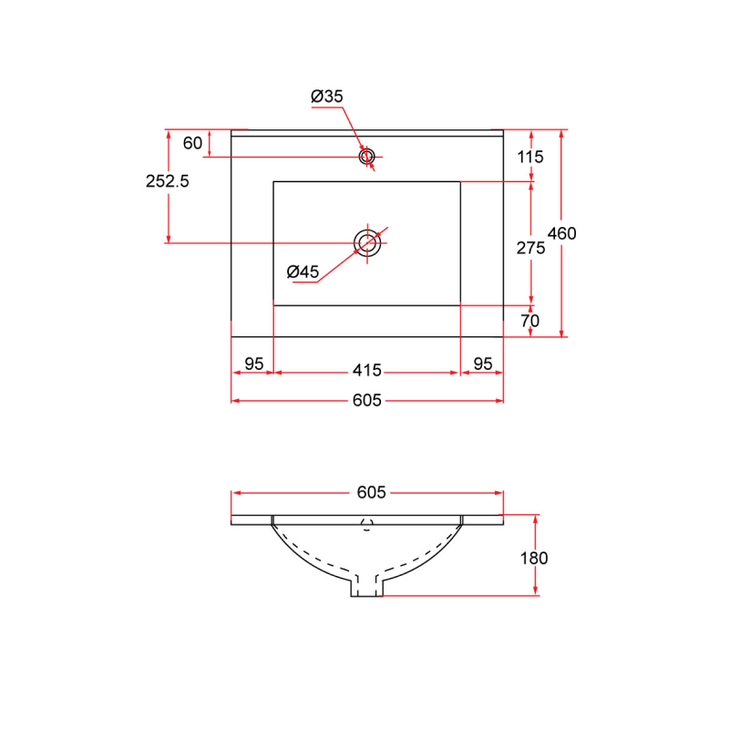 Rubine TOP 60M Insert Top Rectangular Ceramic Basin