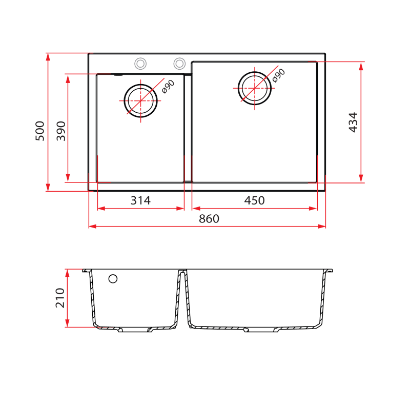 Rubine 1¾ Bowls Undermount Granite Kitchen Sink MEQ 860-86U PB