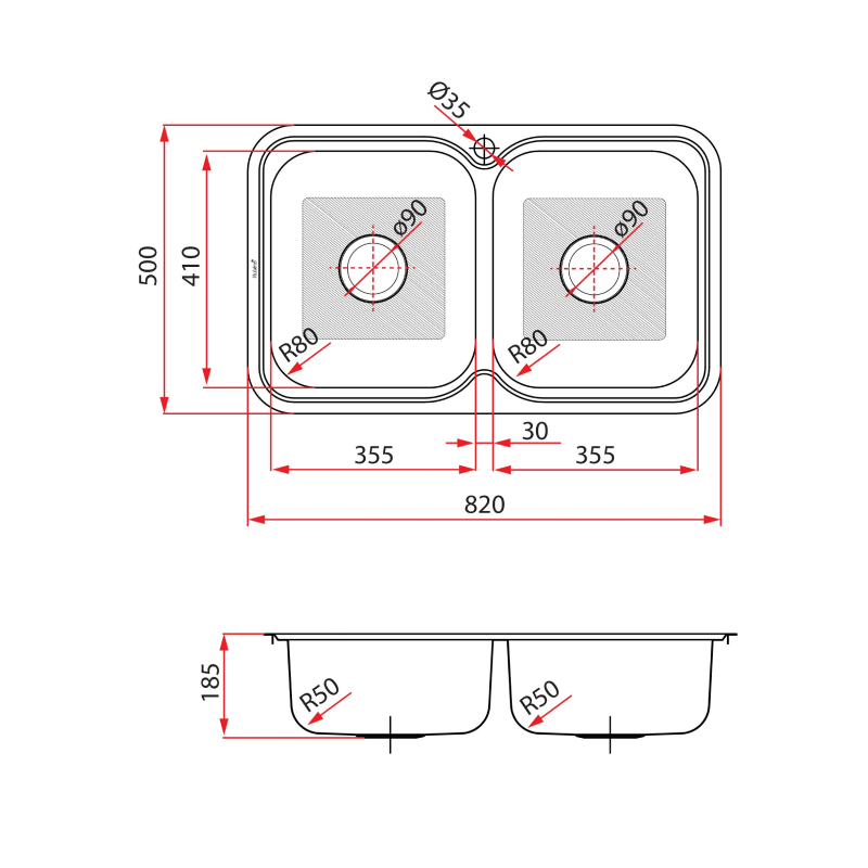 Rubine 2 Bowls Inset Stainless Steel Kitchen Sink DUX 620