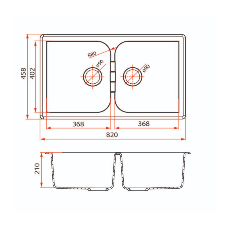 Rubine 2 Bowls Undermount Granite Kitchen Sink MEQ 820-82U PB