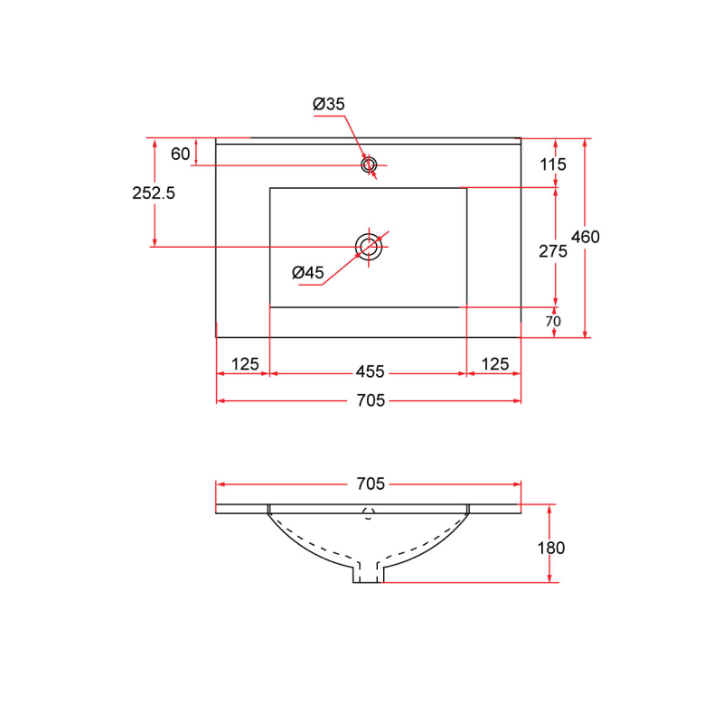 Rubine TOP 70M Insert Top Rectangular Ceramic Basin
