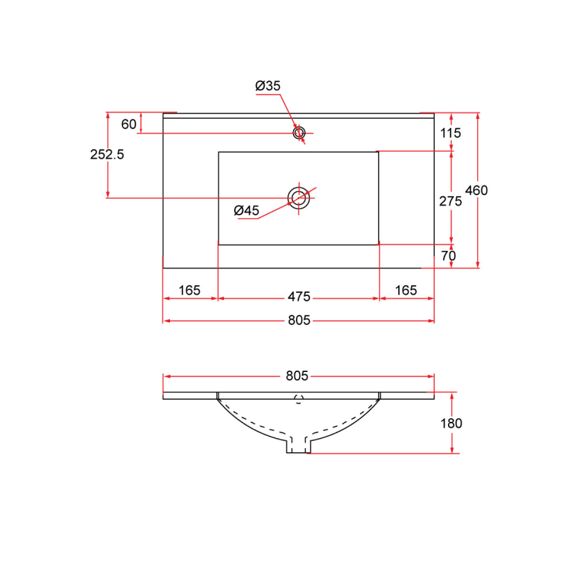 Rubine TOP 80M Insert Top Rectangular Ceramic Basin