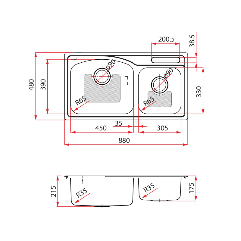 Rubine 1¾ Bowls Inset Stainless Steel Kitchen Sink FEX 860L-88K