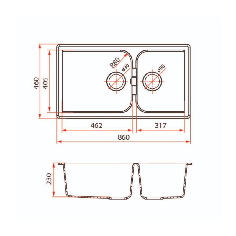 Rubine 1¾ Bowls Undermount Granite Kitchen Sink MEQ 860-86U WH