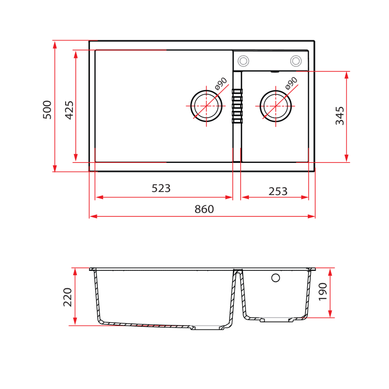 Rubine 1¾ Bowls Inset Granite Kitchen Sink MEQ 860-86 WH