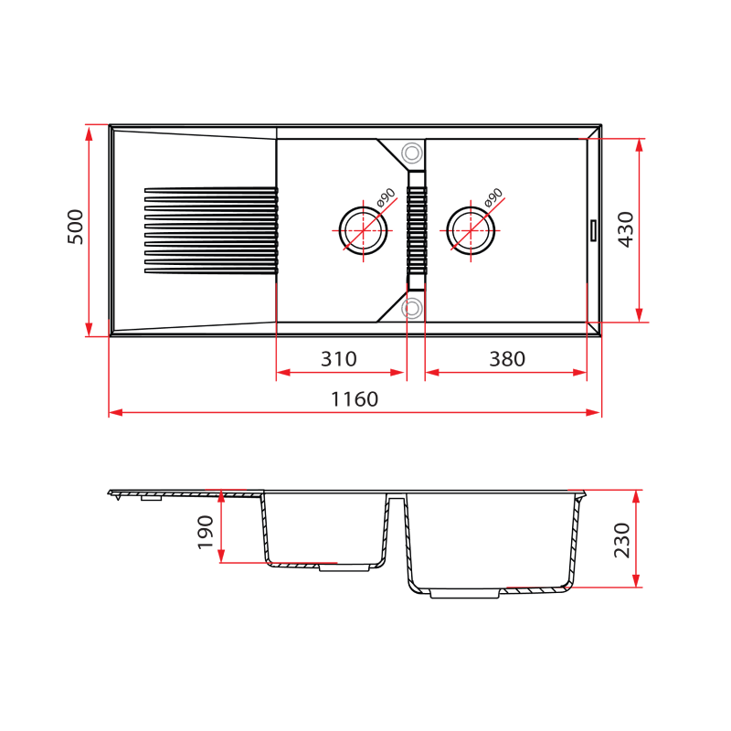 Rubine 1¾ Bowls + Drainer Inset Granite Kitchen Sink MEQ 861 PB