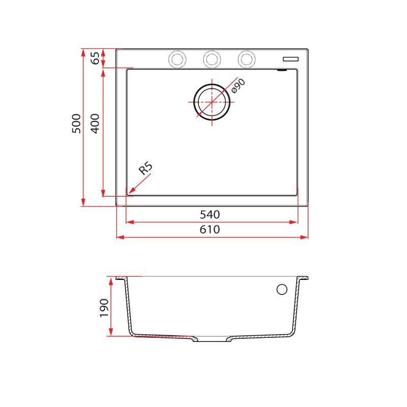 Rubine 1 Bowl Inset Granite Kitchen Sink MEQ 810-61 PB