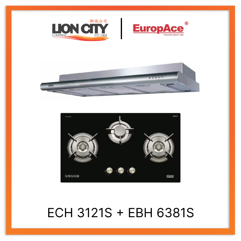 Europace ECH3121S 90cm Deluxe S/Steel Slim Hood + EBH6381S 3 Burner 80cm Slim Hob (Schott Glass)