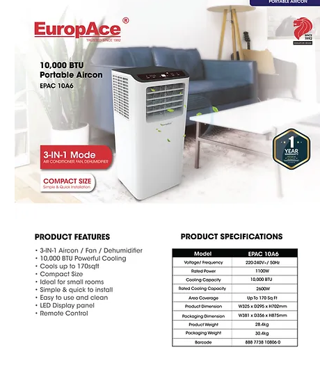 EuropAce EPAC 10A6 10,000 BTU Portable Air Con