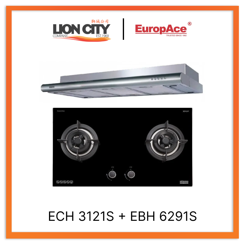 Europace ECH3121S 90cm Deluxe S/Steel Slim Hood + EBH6291S 2 Buners 90cm Slim Hob (Schott Glass)