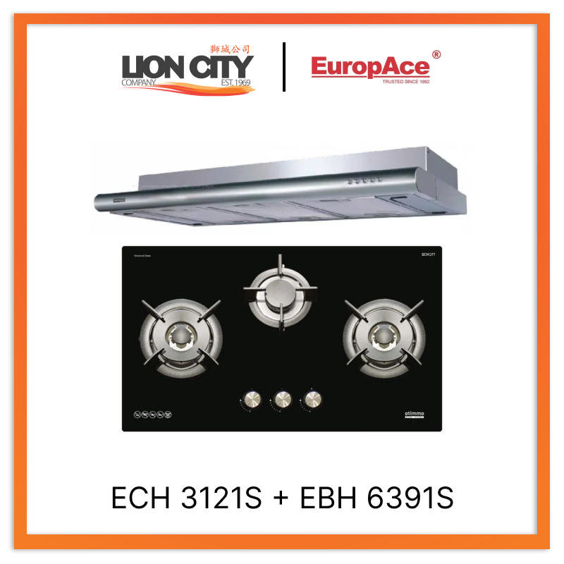 Europace ECH3121S 90cm Deluxe S/Steel Slim Hood + EBH6391S 3 Burner 90cm Slim Hob (Schott Glass)