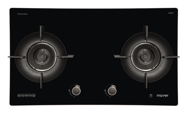 Mayer MMGH792HE 76cm 2 Burner Glass Gas Hob + MMSH8099-L Angled Chimney Hood + MMDO8R 60 cm Built-in Oven with Smoke Ventilation