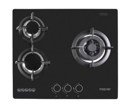 Mayer MMGH/SS633 60cm 3 Burner Glass Gas Hob + MMSI903OT Cm Semi-integrated Hood With Oil Tray + MMDO8R 60 cm Built-in Oven with Smoke Ventilation