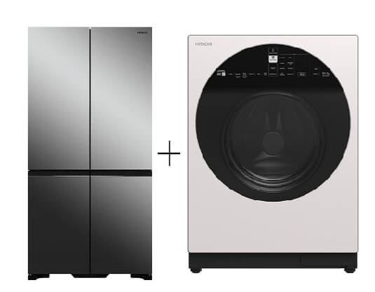 Hitachi R-WB640V0MSX 541L 4 Door Fridge (Bottom Freezer) + Hitachi BD-D100GV Front Load Washer Dryer Wind Iron, AI Wash Inverter 10/7KG