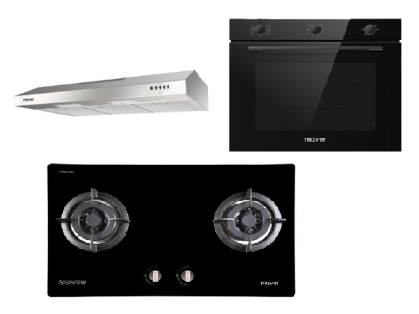 Mayer MMGH772/SS772 Built-In Gas Hob +  MMSL901SM 90 cm Slimline Hood + MMDO8R 60 cm Built-in Oven with Smoke Ventilation