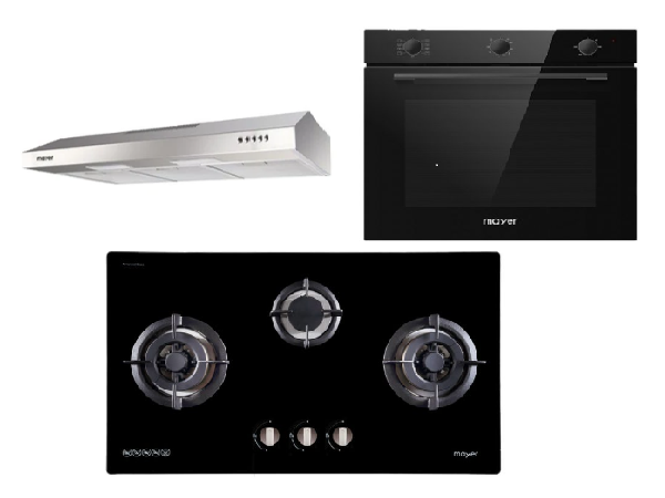 Mayer MMGH883/SS883 86cm 3 Burner Stainless Steel Gas Hob + MMSL901SM 90 Cm Slimline Hood + MMDO8R 60 cm Built-in Oven with Smoke Ventilation