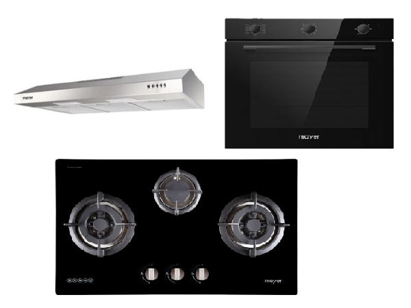 Mayer MMGH773/SS773 Built-In Gas Hob 3 Burners + MMSL901SM 90 Cm Slimline Hood + MMDO8R 60 cm Built-in Oven with Smoke Ventilation