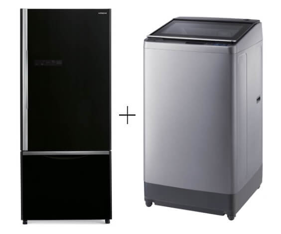 Hitachi RB570P7MS 2 DR Refrigerators + Hitachi SF140XAV 14Kg Top Loading with Glass Top Dynamic-Stream Wash