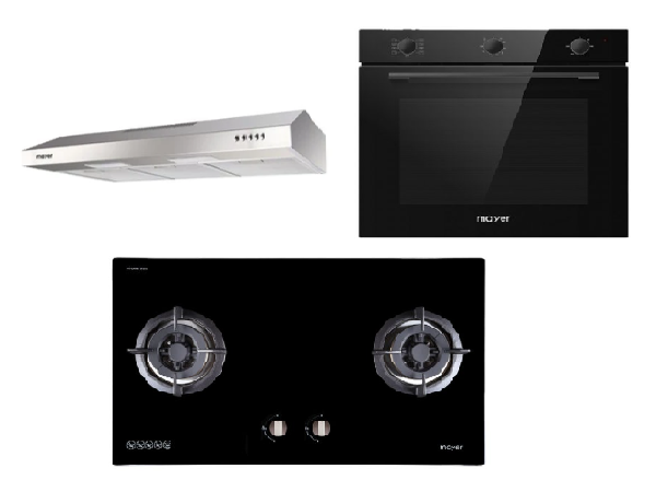 Mayer MMGH882/SS882 Built-In Gas Hob 2 Burners + MMSL901SM 90 Cm Slimline Hood + MMDO8R 60 cm Built-in Oven with Smoke Ventilation
