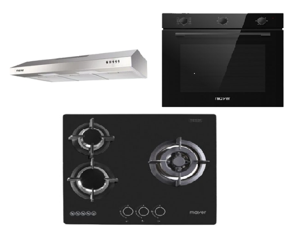 Mayer MMGH/SS633 60cm 3 Burner Glass Gas Hob + MMSL901SM 90 Cm Slimline Hood + MMDO8R 60 cm Built-in Oven with Smoke Ventilation