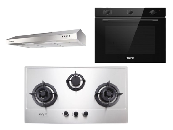 Mayer MMGH883/SS883 86cm 3 Burner Stainless Steel Gas Hob + MMSL901SM 90 Cm Slimline Hood + MMDO8R 60 cm Built-in Oven with Smoke Ventilation