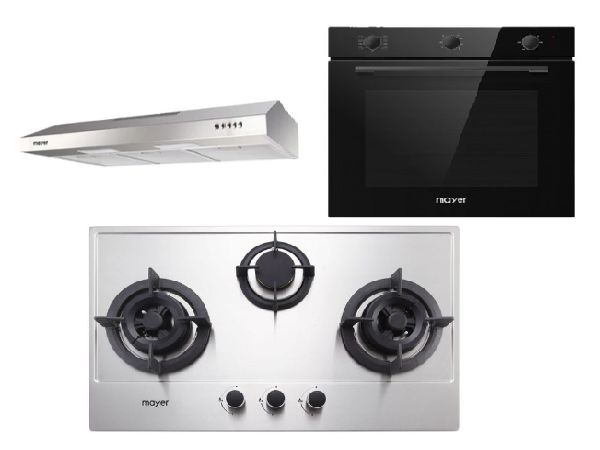 Mayer MMGH773/SS773 Built-In Gas Hob 3 Burners + MMSL901SM 90 Cm Slimline Hood + MMDO8R 60 cm Built-in Oven with Smoke Ventilation