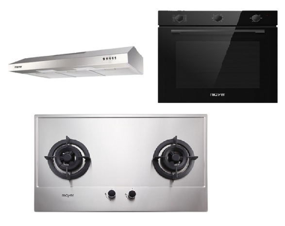 Mayer MMGH772/SS772 Built-In Gas Hob +  MMSL901SM 90 cm Slimline Hood + MMDO8R 60 cm Built-in Oven with Smoke Ventilation