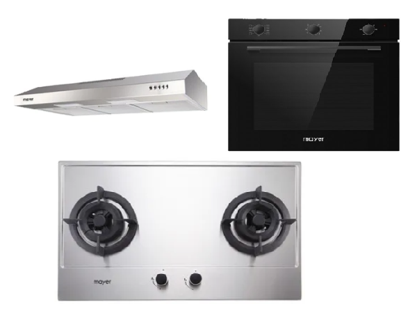 Mayer MMGH882/SS882 Built-In Gas Hob 2 Burners + MMSL901SM 90 Cm Slimline Hood + MMDO8R 60 cm Built-in Oven with Smoke Ventilation