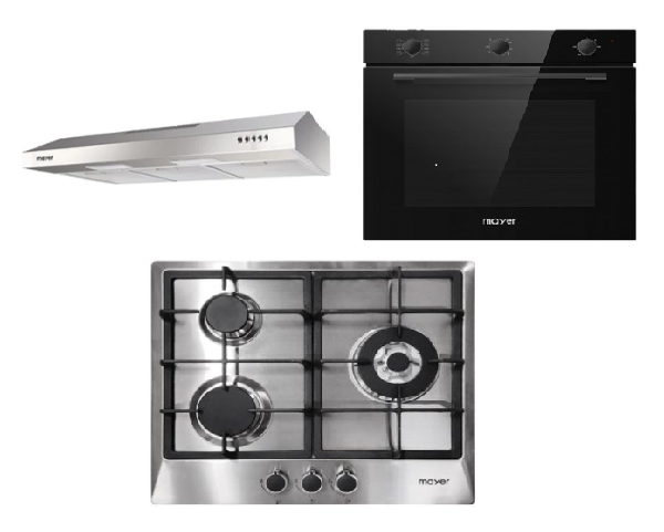 Mayer MMGH/SS633 60cm 3 Burner Glass Gas Hob + MMSL901SM 90 Cm Slimline Hood + MMDO8R 60 cm Built-in Oven with Smoke Ventilation