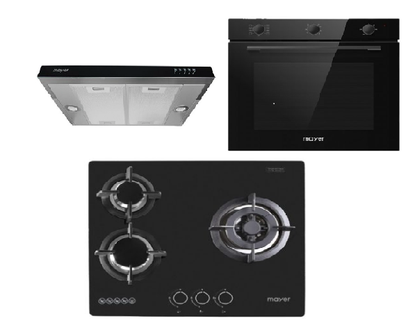 Mayer MMGH/SS633 60cm 3 Burner Glass Gas Hob + MMSI600HS 60 Cm Semi-integrated Slimline Hood + MMDO8R 60 cm Built-in Oven with Smoke Ventilation