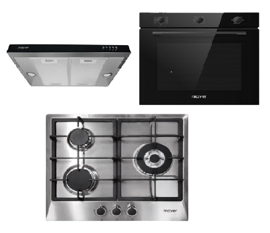 Mayer MMGH/SS633 60cm 3 Burner Glass Gas Hob + MMSI600HS 60 Cm Semi-integrated Slimline Hood + MMDO8R 60 cm Built-in Oven with Smoke Ventilation