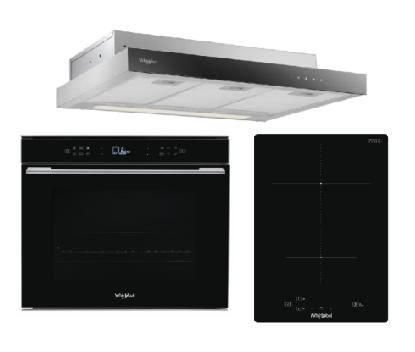 Whirlpool’s W7OM44S1PBLAUS 60cm 6TH SENSE Pyrolytic Oven + Whirlpool’s WSQ0530NEP 30cm Built-in Induction Hob + Whirlpool’s WCO9FTS 90cm Compact Hood