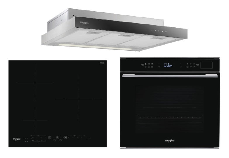 Whirlpool WCO9FTS 90cm Compact Hood + WSB2360BFP 60cm Built-in Induction Hob + W7 OSPBLAUS 60cm 6TH SENSE Pyrolytic Oven with Assisted SteamSense