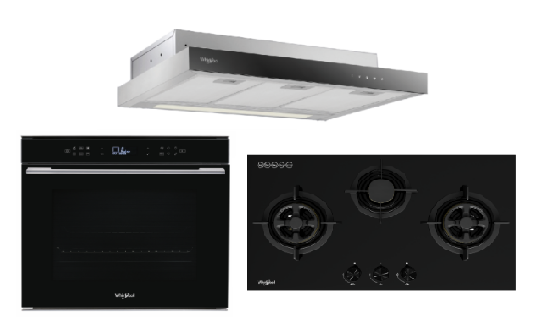 Whirlpool’s W7OM44S1PBLAUS 60cm 6TH SENSE Pyrolytic Oven + Whirlpool’s GWG8830LS 88cm 3-Burners Gas Hob (LPG) + Whirlpool’s WCO9FTS 90cm Compact Hood