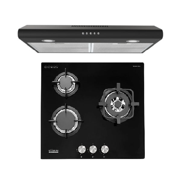 Europace ECH2508EBK 60cm Slimline Hood + EuropAce EBH6360E LPG/TG 60cm Built-In Glass Gas Hob (3burner)