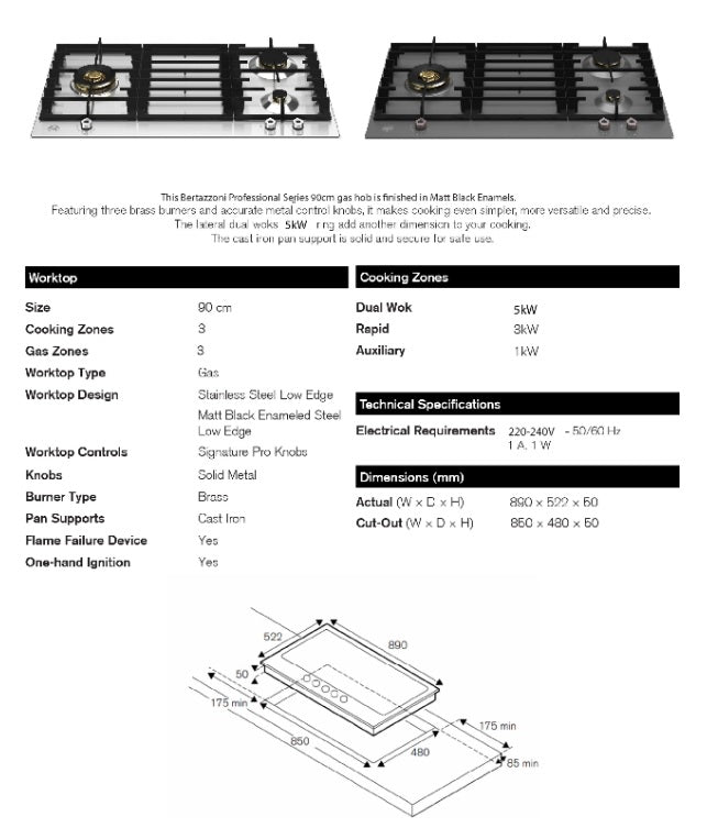 Bertazzoni P903LPROX/NE 90cm 3-burner Gas Hob with Lateral Dual Wok