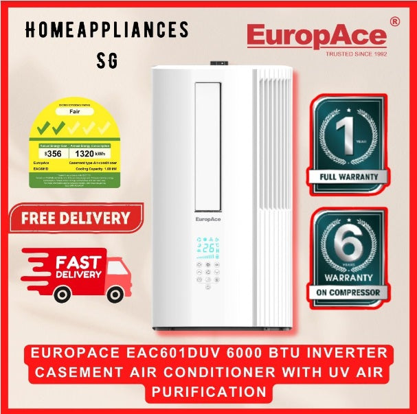 EuropAce EAC601DUV 6000 BTU Inverter Casement Air Conditioner with UV Air Purification