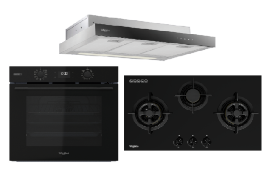 Whirlpool’s W4OMSK58RU1SBA 60cm W COLLECTION Multifunction Oven with Gentle Steam Function + Whirlpool’s GWG8830TS 88cm 3-Burners Gas Hob (Town Gas) + Whirlpool’s WCO9FTS 90cm Compact Hood