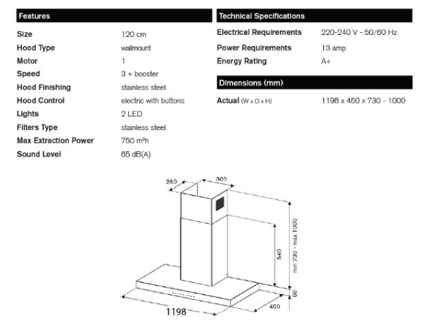 Bertazzoni KT120P1AXT 120cm Wall-Mount Hood