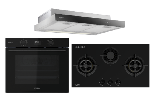 Whirlpool’s W4OMSK58RU1SBA 60cm W COLLECTION Multifunction Oven with Gentle Steam Function + Whirlpool’s GWG7830TS 78cm 3-Burners Gas Hob (Town Gas) + Whirlpool’s WCO9FTS 90cm Compact Hood