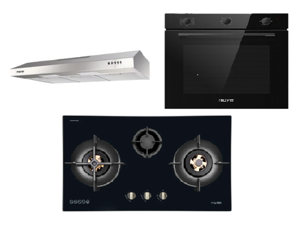 Mayer MMGH8831HI 86cm 3 Burner Glass Gas Hob + MMSL901SM 90 Cm Slimline Hood + MMDO8R 60 cm Built-in Oven with Smoke Ventilation